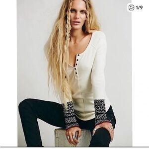 Free people cream waffle henley with embroidered cuffs